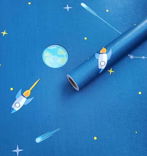 Image of FOKRIM Blue Space Wallpaper for Wall - 45x300cm, 14 Sqft Peel and Stick Removable Self Adhesive Waterproof Wall Stickers for Home, Kids Room, Play Room - Wall Paper Decor