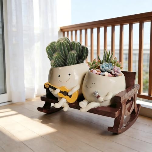 ERRSOU Smiley Face Planter Pot, Cute Funny Heart Rocking Chair Double Head Face Planter Pot with Unique Guitar and Microphone for Indoor Outdoor, Succulent Flower Pots with Drainage Hole ﻿