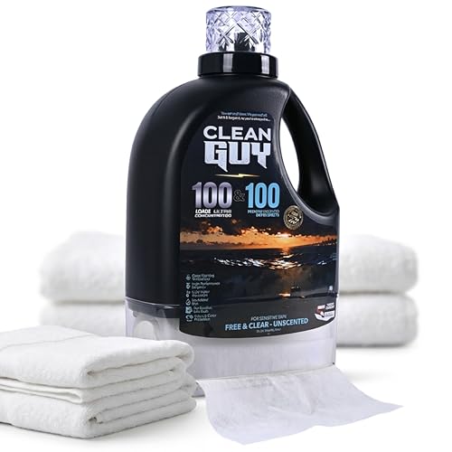 Clean Guy Laundry Detergent with Dryer Sheets | Unscented & Gentle Sensitive Skin Safe Deep Cleaning Power Softens Clothes Without Fragrance - Free & Clear (100 Loads PLUS 100 Dryer Sheets)