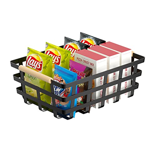 2 Pack X-Large Wire Metal Baskets Thick Functional Storage Organizer Farmhouse Fruit Bin With Wood Handles For Pantry Cabinets Rustic Kitchen Counter Closet Under Sink, Entryway- Black Upgraded #TOP4