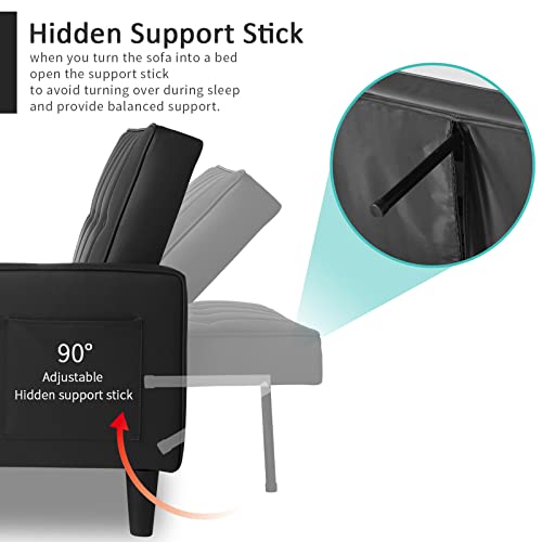 Ipkig 73.2" Futon Sofa Bed, Convertible Sleeper Sofa, Loveseat Couch, Faux Leather Split-Back Sofabed For Small Spaces Room Home Office Hotel With Adjustable Backrest And Side Pockets (Black) #TOP6