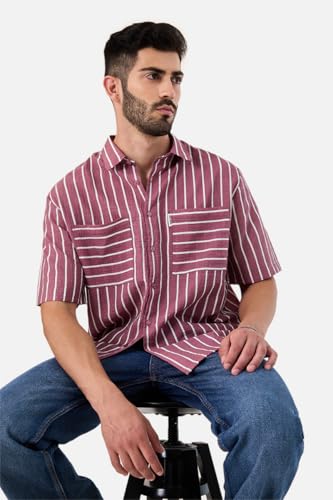 Image of SNITCH Men Casual Plus Size Shirt | Regular Fit Full Sleeve Mandarin Collar Striped Design | Premium Cotton Linen Blend & Breathable Fabric for Office & Everyday Wear
