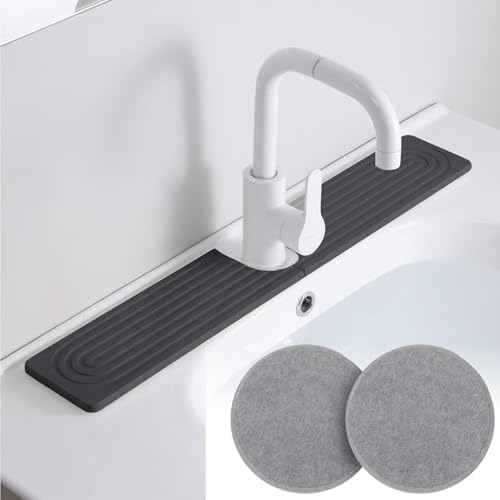 Wasserhahn Matte Abtropfmatte - 60 x 10 cm Abtropfmatte Spüle Wasserhahn Spritzschutz U-förmig Diatomit Schneller Trocknungsstein Super Saugfähiger mit 2 Untersetzer Spritzschutz Matte für Küchenbad