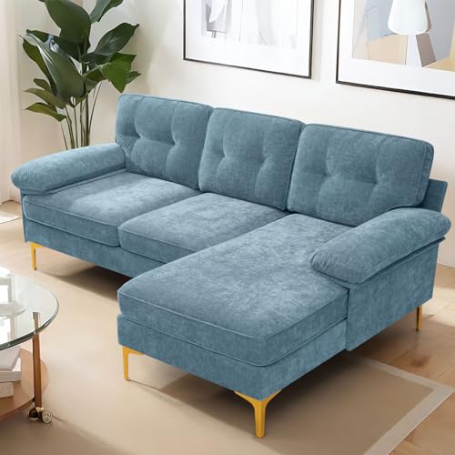 COHOME83in L-Shaped Couch, Chenille Upholsted Sofa with Reversible Chaise,3-Seat Couch for Living Room, Convertible Sectional with Removable Covers,Dim Blue