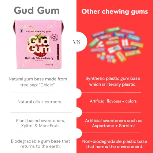 Image of Gud Gum- Natural, Plastic Free Chewing Gum -21g x 2 - Mini Pack of 2 - No added artificial colours, flavours & sweeteners (2 Pack, Strawberry - Raspberry)
