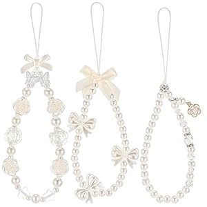 Ecally 3 Pcs Phone Charms Strap Beaded Pearl Butterfly Flower Phone Strap Cute Lanyard Chain for Camera Keychain Wallet Pendant Decor