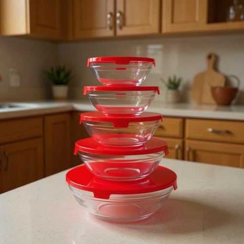 Kit Conjunto de 5 Potes de Vidro Redondo, Tampa Vermelha - Conjun...