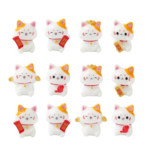 NOIAFZY 12Pcs Cute Lucky Cat Creative Mascots Decorations New Year DIY Miniature Resin Crafts Car Desktop Ornaments Micro Landscape Accessories