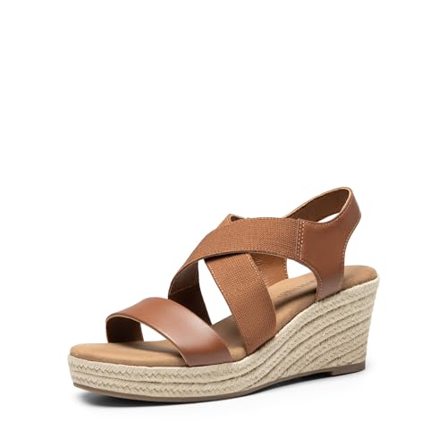 DREAM PAIRS Womens Platform Espadrilles Wedge Sandals, Slip on Elastic Ankle Strap Sandals for Women Casual Dressy Summer 7 Camel-pu