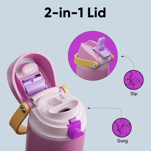 Image of Insulated Water Bottle with Straw - Encool Stainless Steel Water Bottle with Push Button Lid, Leak-Proof & BPA-Free, Keeps Cold for 24 Hours for Sports, Travel, Gym (24 oz, Light Orchid-Fuchsia)