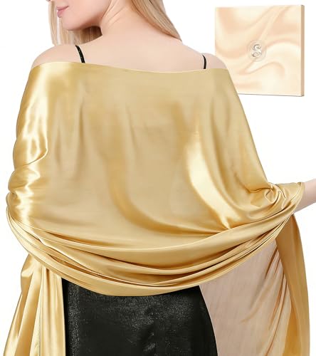 Murmorers Women Satin Shawl Wrap for Evening Dresses - Silky Long Scarf for Wedding Dress Cover Up Formal Parties Events Bridal Gold