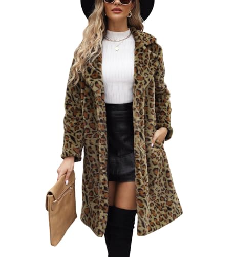 chouyatou Women's Open Front Leopard Print Faux Fur Long Trench Coat Lapel Collar Furry Jacket Coat (Medium, Green)