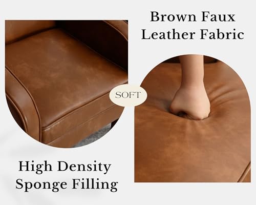 Image of LIVINOVA Brown Faux Leather Accent Chairs Set of 2, Mid Century Modern Upholstered Arm Chairs with Wooden Legs, Comfy Reception Office Club Reading Side Lounge Chair for Living Room Bedroom