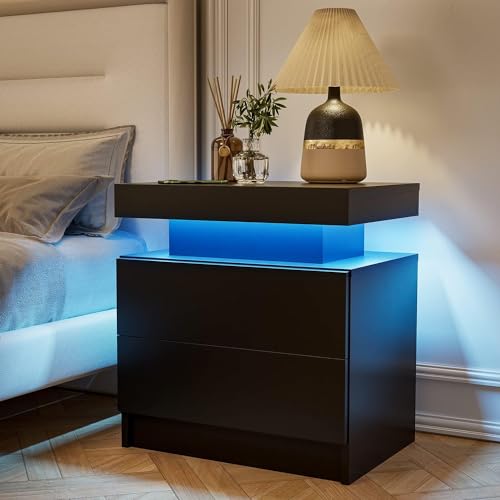 Nightstand LED for Bedroom,Bedside Table,Modern End Side Table with 2 Drawers for Living Room (Black)