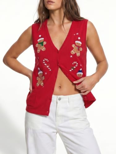 Image of KMBANGI Women Christmas Button Sweater Vest Embroidery Sleeveless Cardigan