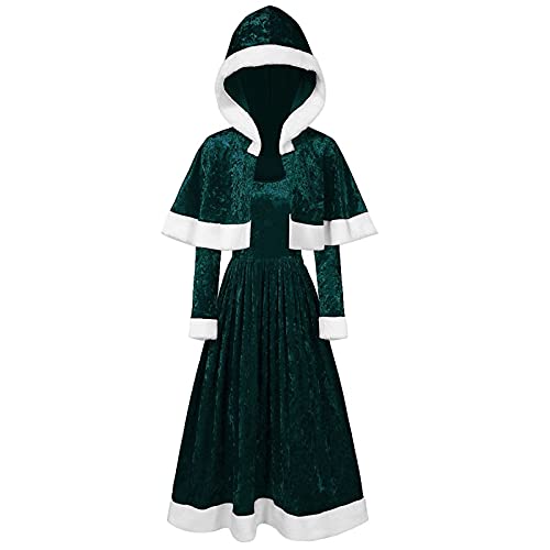 Damen Weihnachtskleid, Damen Samt Weihnachtskleid + Umschlagtuch mit Kapuze Plüsch Vintage Elegant Party Cocktail Kleid Festlich Karneval Rockabilly...