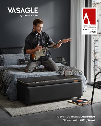 Image of VASAGLE EKHO Collection - Storage Ottoman Bench, Entryway Bedroom Bench, 25 Gallons, Synthetic Leather with Stitching, Mid-Century Modern, Safety Hinges, Loads 660 lb, Ink Black ULOM075B01