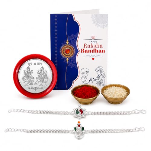Image of Periapt Silver Color Stylish Rakhi Combo with Silver Color Pooja Coin, Roli Chawal & Greeting Card | Traditional Raksha Bandhan Occasion Combo for Brother | Fancy Rakhi for Brother, Set of 1 (K2 A5+A25)