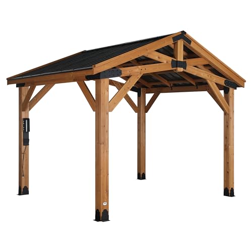 Image of Backyard Discovery Norwood 12 ft. x 10 ft. Cedar Wood Gazebo Pavilion,Thermal Insulated Hard Top Steel Roof, Durable, Supports Snow Loads and Wind Speed, Rot Resistant, Backyard, Deck, Garden, Patio
