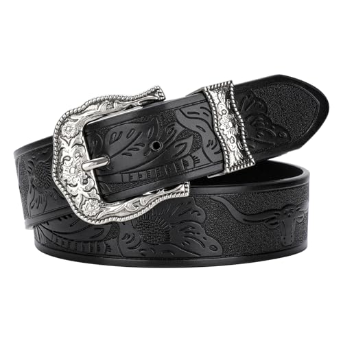 VONMELLI Western Belt for Women Men, Cowboy Cowgirl Belt for Jeans Pants with Vintage Floral Carved Buckle