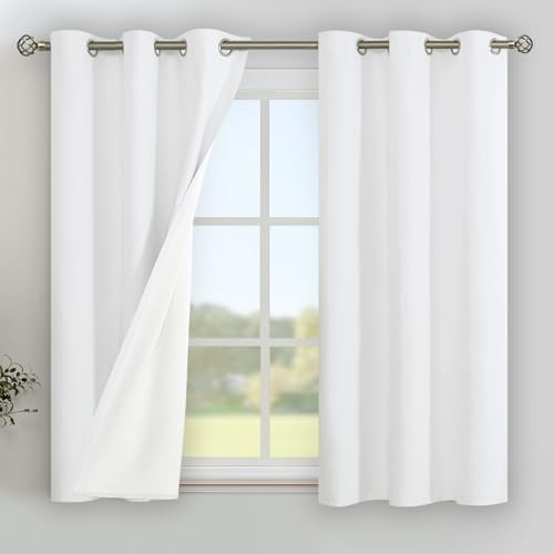 Image of YoungsTex Linen 100% Blackout Curtains 54 Inch Length for Bedroom, Thermal Insulated Drapes with Grommet Room Darkening for Short Window, White, 2 Panels, 42 X 54 Inch