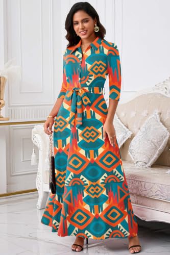 Image of Runwind Women Church Maxi Dresses 3 /4 Sleeve Button Down Print Casual Office Dress African