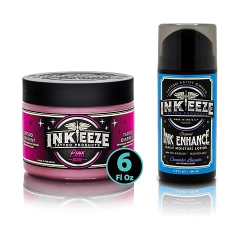 INK-EEZE Pink Tattoo Ointment, Bubble Gum 6oz and Enhance Tattoo Daily Moisturizer Lotion, Cucumber Lavender 3.3oz, Artists and Aftercare, Tattoo Enthusiast, Made in USA Cover