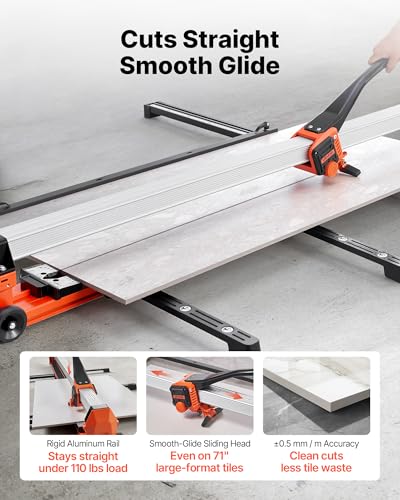 Image of VEVOR 71-Inch Manual Tile Cutter, Upgraded Rail and Sliding Head, Precision Alignment Guide, Tungsten Carbide Cutting Wheel, Support Legs with Swivel Wheels, for DIY Pros, Ceramic, Floor, Wall Tiles