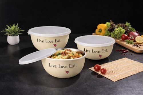 Image of Zaib Microwave Safe Stainless Steel Food Storage Containers with Lid | Pack of 3 | Sizes 12 cm, 14 cm, 16 cm | Capacity 500 ml, 750 ml, 1250 ml | Snap Fit Lid (Live Love Eat Regular 3)