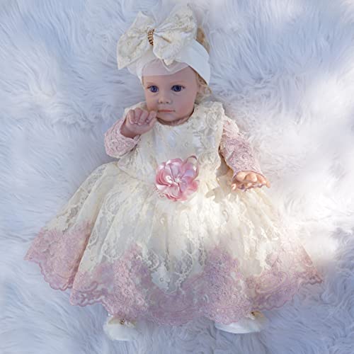 Newborn Baby Girl Lace Dress Set, 4 Pieces Outfit for Special Occasions (US, Age, 0 Months, Pink, Ivory, Pearl.)3