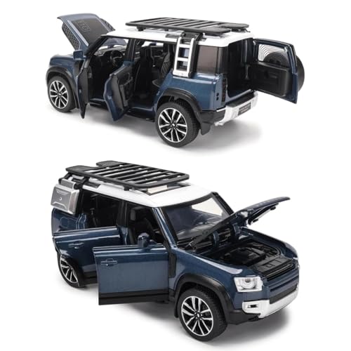 Image of 1:32 Scale Land Rover Defender Model Car - Exclusive Alloy Metal Pullback Toy with Openable Doors, Lights, and Music for Kids (Blue)