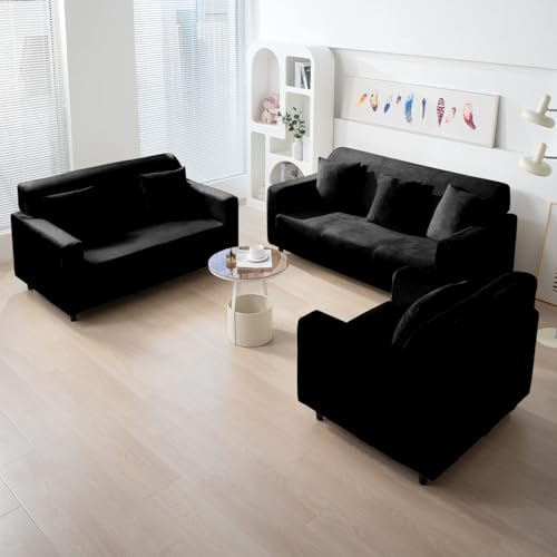 Image of HOKIPO 200 GSM Premium Velvet Sofa Cover 1 Seater Fully Covered, Black (NEW-AR-4736-BLK)