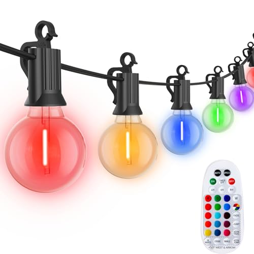 Brightown Outdoor String Lights 29 Feet G40 LED Patio Lights, 13 Plastic Multicolor Bulbs(1 Spare), Remote, Timer, Waterproof Connectable Hanging Light for Porch Balcony Party Decor, E12 Base, RGBW