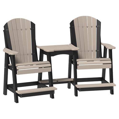 LuxCraft Poly Tete-a-Tete Patio Table and Counter Height Balcony Chairs with Umbrella Hole, Weatherproof Outdoor Patio Furniture Set for Outside - Amish Made in USA (Weatherwood & Black)
