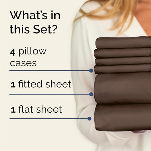 Image of Cal King 6 Piece Bed Sheet Set - Comfy, Breathable & Cooling Sheets - Brown | Ultra-Soft Hotel Luxury Bedding Set with 8-16 Inch Deep Pockets, 1 Flat & 1 Fitted Sheet & 4 Pillowcases, Wrinkle & Fade Free