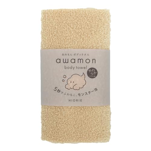 HIORIE awamon - Toalla de ducha exfoliante (fabricada en Japón) / Paño exfoliante / Juego de 2 piezas / alrededor de 20 x 90 cm / Serie Soft / Espuma Monster Class / Poliéster 100% / Beige