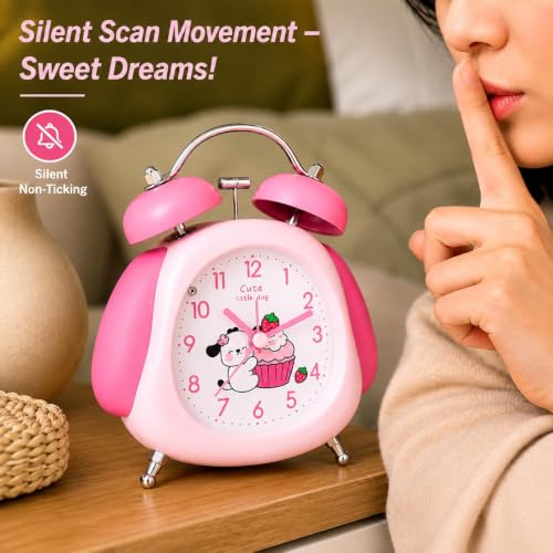 Image of HOME SKILL Alarm Clock for Kids Girls, Cute Pink Analog Alarm Clock for Bedroom, Twin Bell Desk Clock, Silent Non-Ticking Quartz Table Clock for Children, Teens & Adults (Pink Panda)