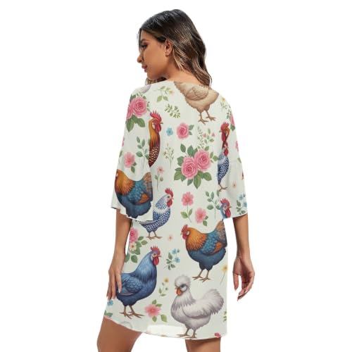 Robe en mousseline de soie pastel à manches 3/4 motif poulets - 2