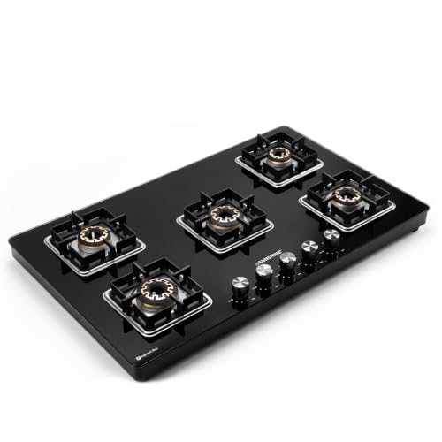 Image of Sunshine Shine 5 Burner Gas Stove | 5 Burner Glass Hob Top Cooktop | Warranty By Sunshine - 10 Year On Glass & Burner, Auto Ignition, LPG Ready & PNG Compatible (Premium - Black)