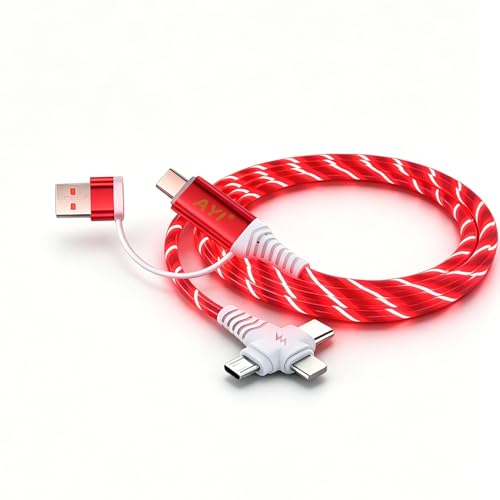 Image of AYI 6-in-1 USB Charging Cable with Red Flowing LED Light, 1m PVC Tangle-Free Universal Sync Cord, Smart Trickle Charging for Phones, Tablets, and More (Cross-Shaped Design).