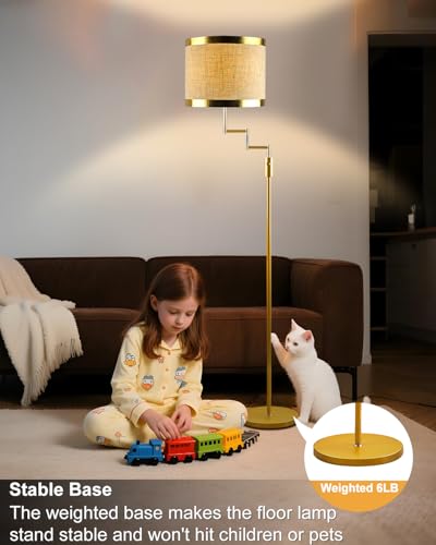 Image of Lightdot 70IN Gold Floor Lamp Dimmable Linen Shade LED Floor Lamps with 3000K for Wedding /Party,350 Degree Swing Arms, Modern Tall Lamp for for Reading, Sewing, and Craft (Bulbs Included)