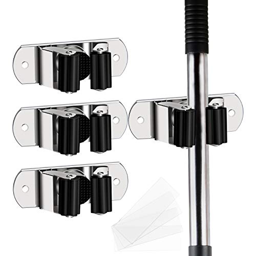 CWOVRS 4PCS Mop Broom Holder Heavy Duty Stainless Steel Tool Organizer Broom Holder Wall Mount Organizer Screws&Self Adhesive Mop Broom Storage Rack for Kitchen Bathroom Garden Laundry Door etc.
