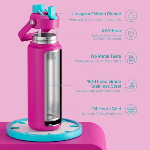 Image of ENCOOL Insulated Water Bottle with Straw Stainless Steel Water Bottle, Leak-Proof, BPA-Free, Double Wall Vacuum Keeps Cold for 24 Hours for Sports, Travel, School (32 oz, Light Crimson)