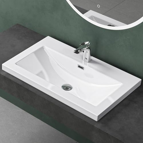 Mai & Mai Waschbecken Einbauwaschbecken Waschschale Waschtisch Mineralguss Weiß Rechteckig 1 Armaturenloch Überlauf-Funktion Breite: 76,5cm Col01