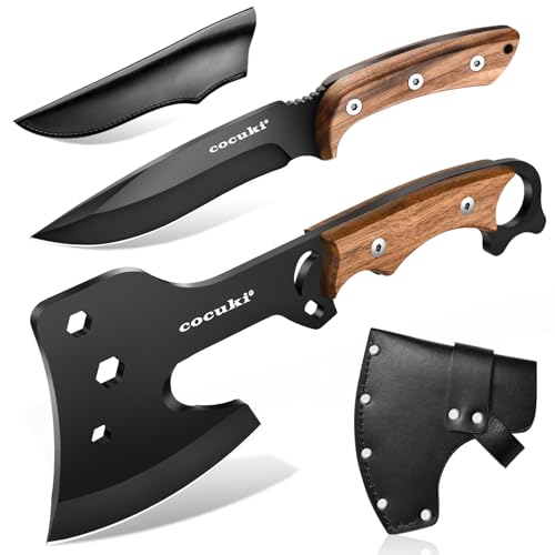 CoCuKi Outdoor Hatchet Set with Leather Sheath, Full Tang Craftmanship, Ergonomic Design, Suitable for Outdoor Climbing, Travel, Camping, Survial
