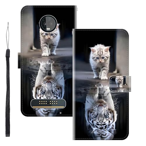 WUACYEAMING Funda para Motorola Moto Z3 Play,con Soporte/Ranura de Tarjeta Cubierta Premium Magnético Suporte TPU Protectora Fundas PU Cuero Flip Multifuncional Gato Tigre