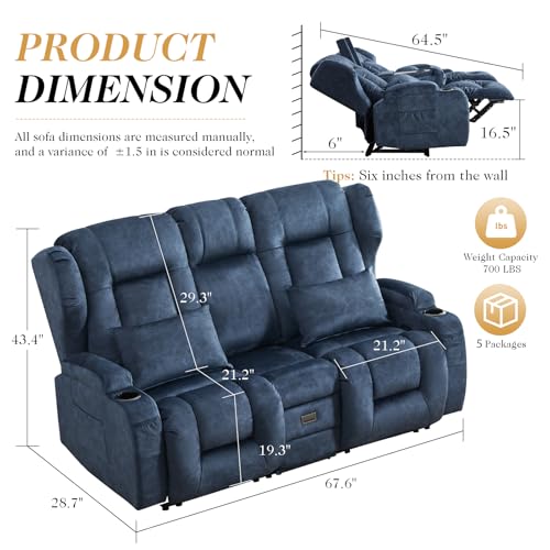 Image of Loveseat Recliner Sofa with Flip-up Console,RV Wall Hugger Recliners for Small Spaces,Reclining Loveseat Sofa Recliner with Cup Holders /Lumbar Pillows,RV Furniture (Blue, 68 inch 2-Seater)