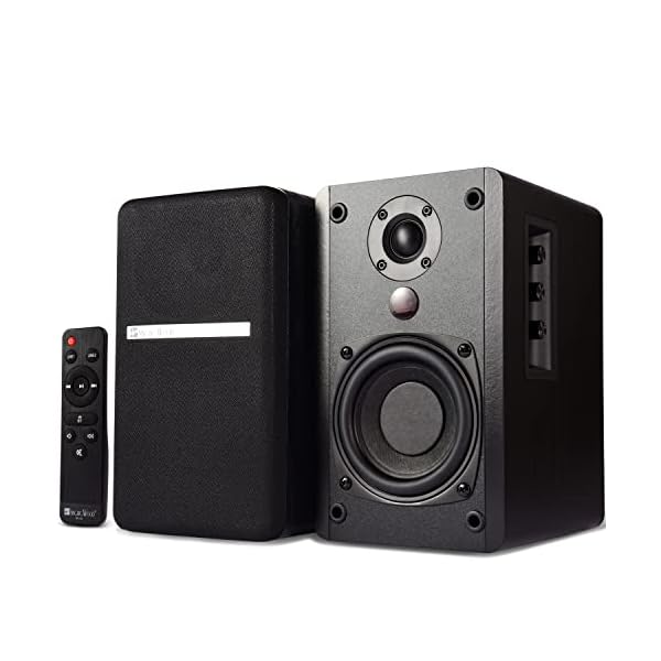 SINGING WOOD BT25 (2024 Version) Bluetooth Active Bookshelf Speakers for with Optical Aux inputs Subwoofer Line Out for PC, TVs, Turntable, Wooden Enclosure,80W – Black
