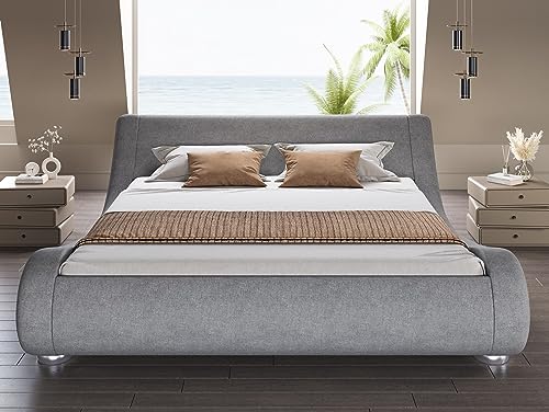 image for SHA CERLIN King Size Upholstered Bed Frame, Deluxe Low Profile Sleigh 