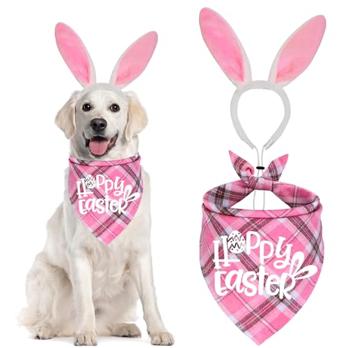 JOTFA Easter Dog Bandana Bunny Costumes, Easter Bunny Dog Headband Dog Easter Outfits Bandanas for Small Medium Large Dogs (Pink Happy Easter)